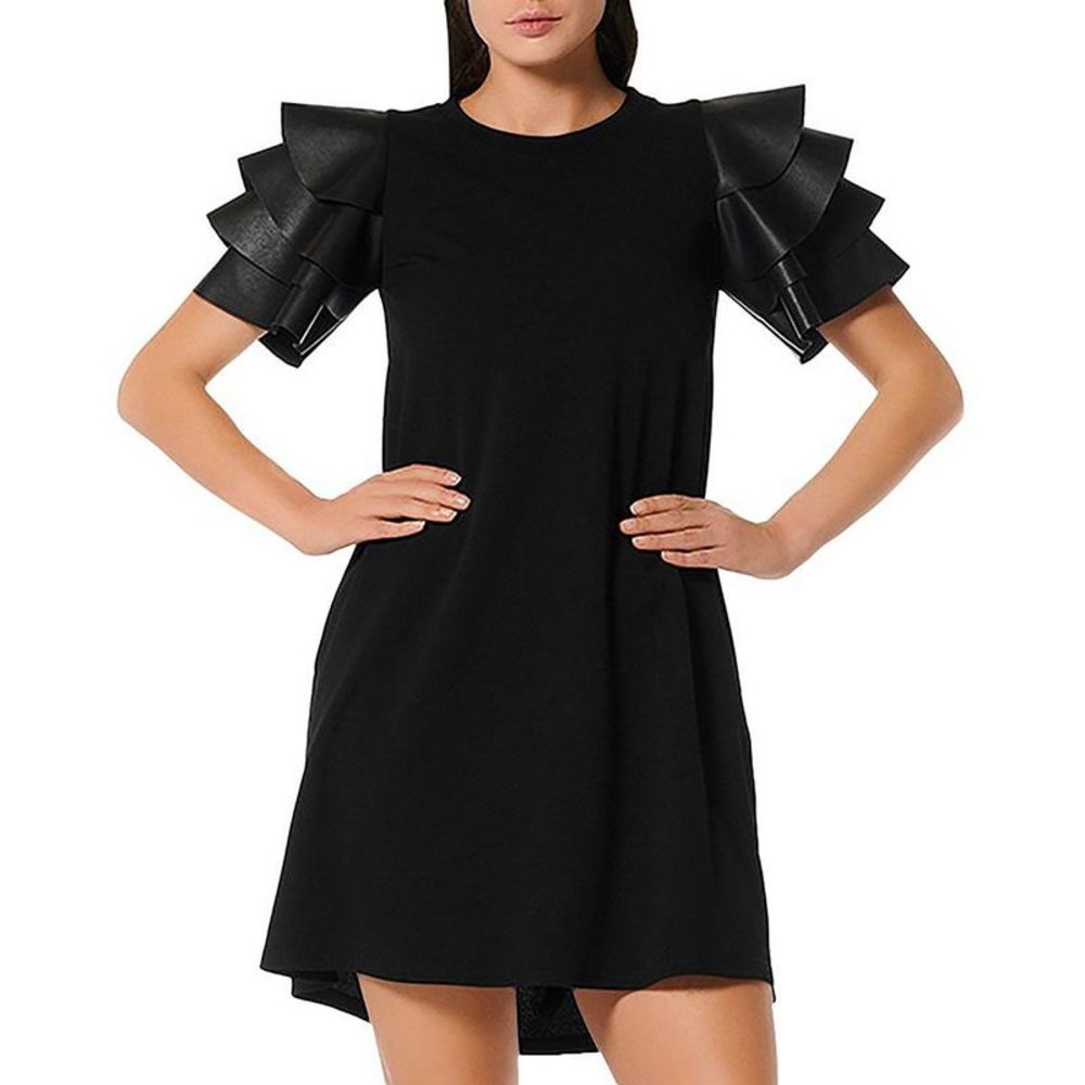 Gracia Womens Black Faux Leather Mini Tiered Sleeve Shift Dress NWT